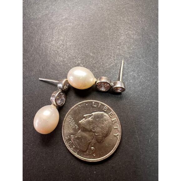Cultured pearl and CZ sterling silver drop earrings - Picture 8 of 14